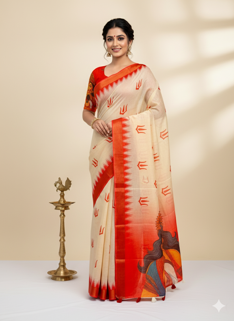 Red Devi – Durga Puja Special Linen Saree  SA825-1152