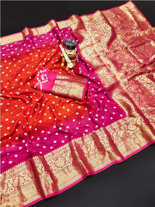 Orange Bandhani Saree with Zari Border SA125-013