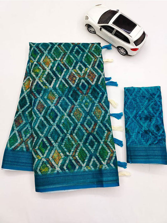 Linen Printed Sari with Silver Zari Patta & Latkan (Fumka) SA125-138