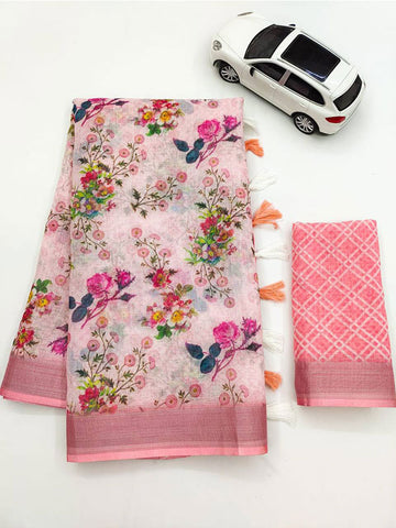 Linen Printed Sari with Silver Zari Patta & Latkan (Fumka) SA125-147