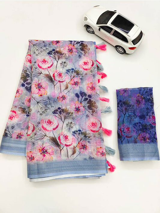 Linen Printed Sari with Silver Zari Patta & Latkan (Fumka) SA125-148