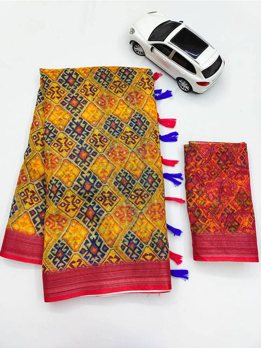 Linen Printed Sari with Silver Zari Patta & Latkan (Fumka) SA125-149