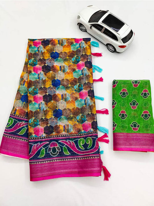 Linen Printed Sari with Silver Zari Patta & Latkan (Fumka) SA125-150