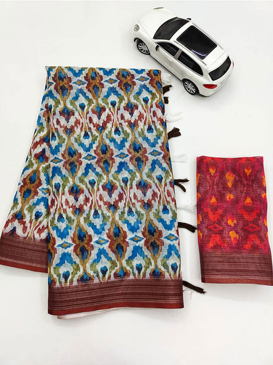 Linen Printed Sari with Silver Zari Patta & Latkan (Fumka) SA125-151