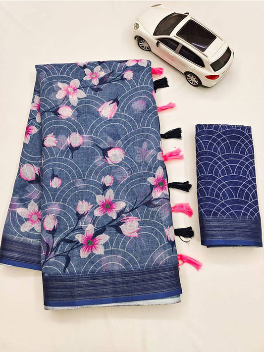 Linen Printed Sari with Silver Zari Patta & Latkan (Fumka) SA125-152