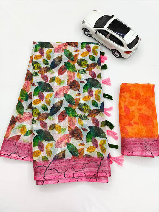 Linen Printed Sari with Silver Zari Patta & Latkan (Fumka) SA125-154