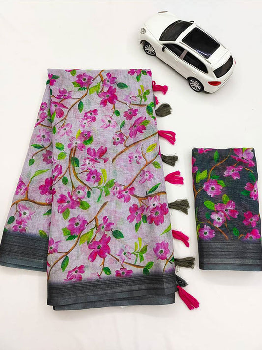 Linen Printed Sari with Silver Zari Patta & Latkan (Fumka) SA125-155