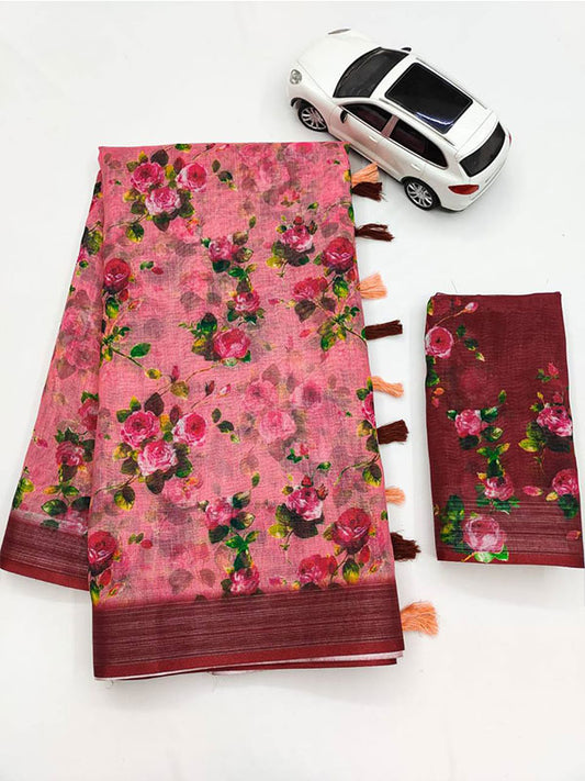 Linen Printed Sari with Silver Zari Patta & Latkan (Fumka) SA125-156