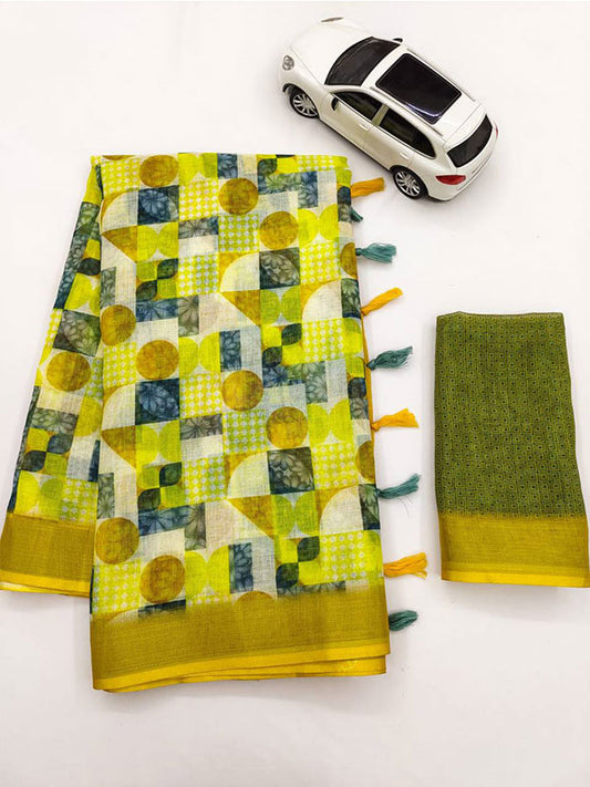Linen Printed Sari with Silver Zari Patta & Latkan (Fumka) SA125-139