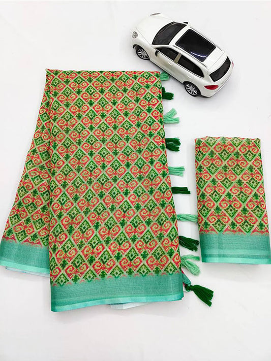 Linen Printed Sari with Silver Zari Patta & Latkan (Fumka) SA125-158