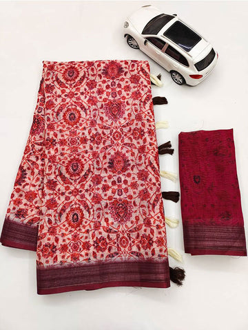 Linen Printed Sari with Silver Zari Patta & Latkan (Fumka) SA125-159
