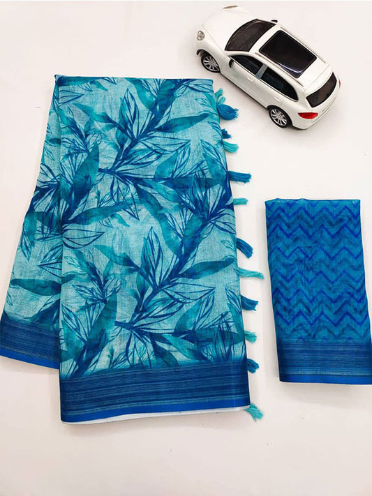Linen Printed Sari with Silver Zari Patta & Latkan (Fumka) SA125-160