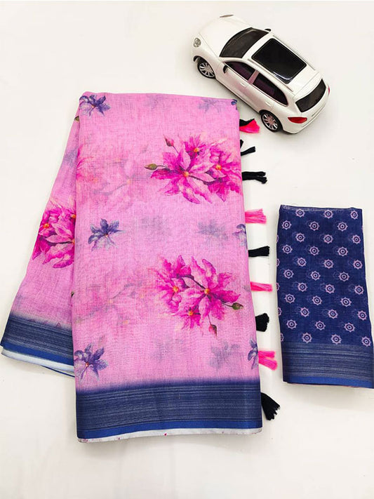 Linen Printed Sari with Silver Zari Patta & Latkan (Fumka) SA125-161