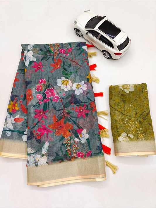 Linen Printed Sari with Silver Zari Patta & Latkan (Fumka) SA125-140