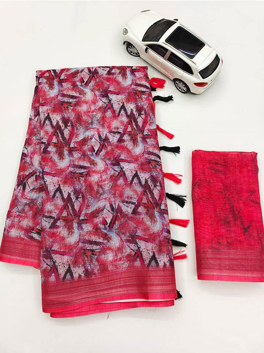 Linen Printed Sari with Silver Zari Patta & Latkan (Fumka) SA125-142