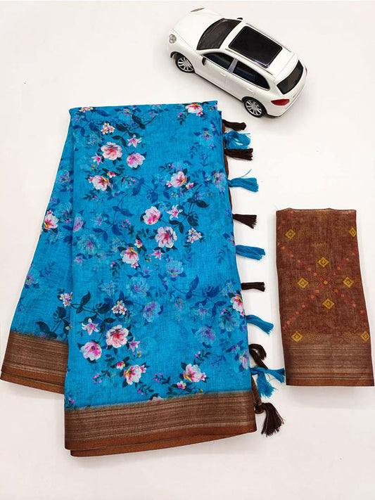 Linen Printed Sari with Silver Zari Patta & Latkan (Fumka) SA125-143
