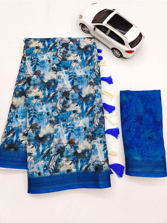 Linen Printed Sari with Silver Zari Patta & Latkan (Fumka) SA125-144
