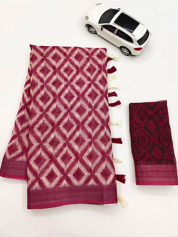Linen Printed Sari with Silver Zari Patta & Latkan (Fumka) SA125-145
