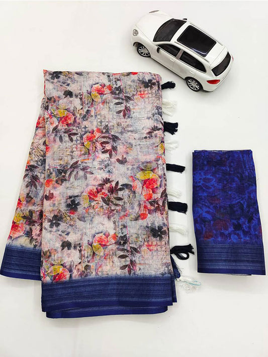 Linen Printed Sari with Silver Zari Patta & Latkan (Fumka) SA125-146