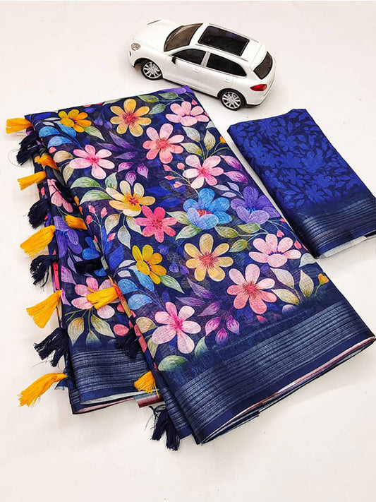 Floral Linen Printed Sari with Silver Zari Patta & Latkan (Fumka) SA125-162