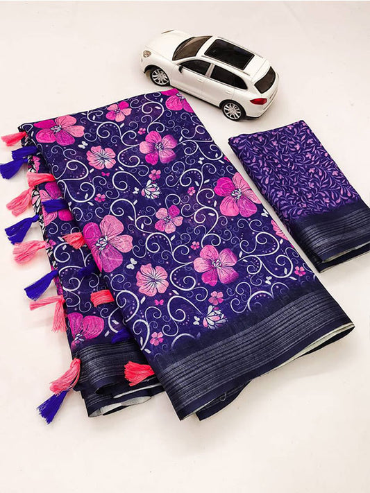 Floral Linen Printed Sari with Silver Zari Patta & Latkan (Fumka) SA125-163