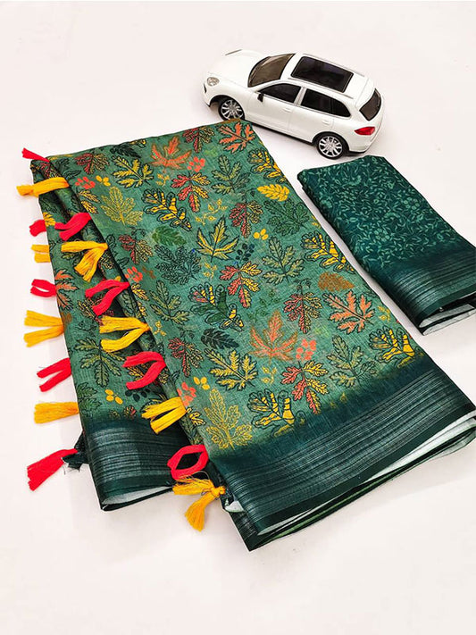 Floral Linen Printed Sari with Silver Zari Patta & Latkan (Fumka) SA125-164
