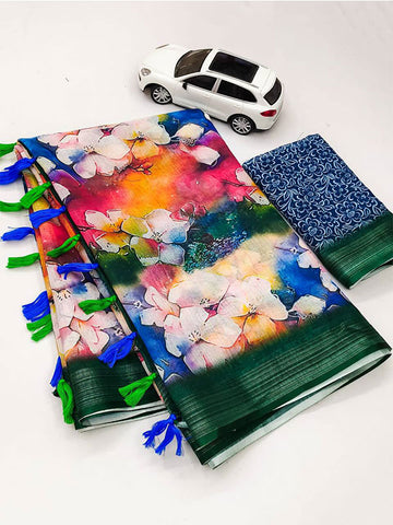 Floral Linen Printed Sari with Silver Zari Patta & Latkan (Fumka) SA125-165