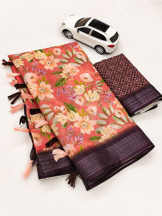 Floral Linen Printed Sari with Silver Zari Patta & Latkan (Fumka) SA125-166