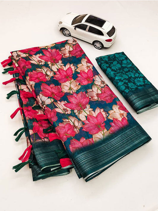 Floral Linen Printed Sari with Silver Zari Patta & Latkan (Fumka) SA125-167