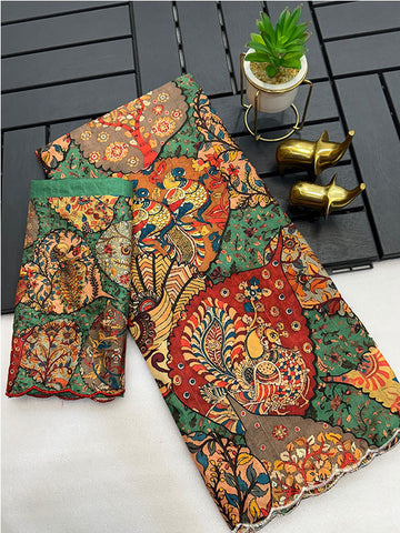 Kalamkari Digital Print Tussar Silk Saree with Arco Borders SA425-470