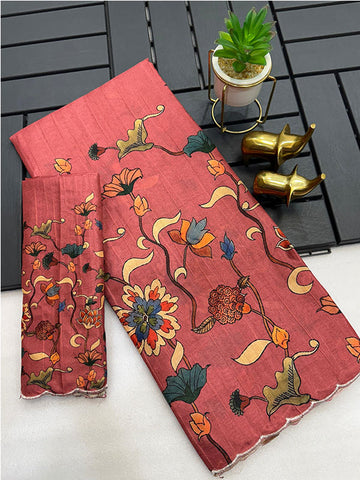 Kalamkari Digital Print Tussar Silk Saree with Arco Borders SA425-471