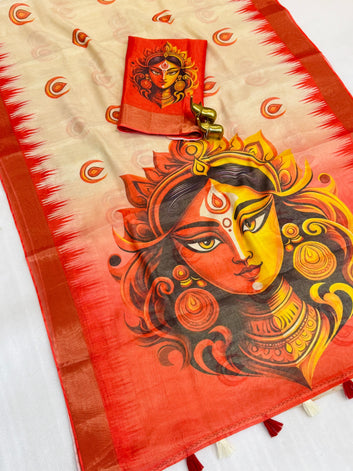 Red Devi – Durga Puja Special Linen Saree  SA825-1153