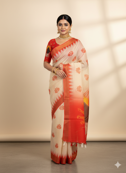 Red Devi – Durga Puja Special Linen Saree  SA825-1155