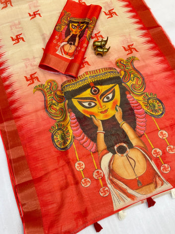 Red Devi – Durga Puja Special Linen Saree  SA825-1156