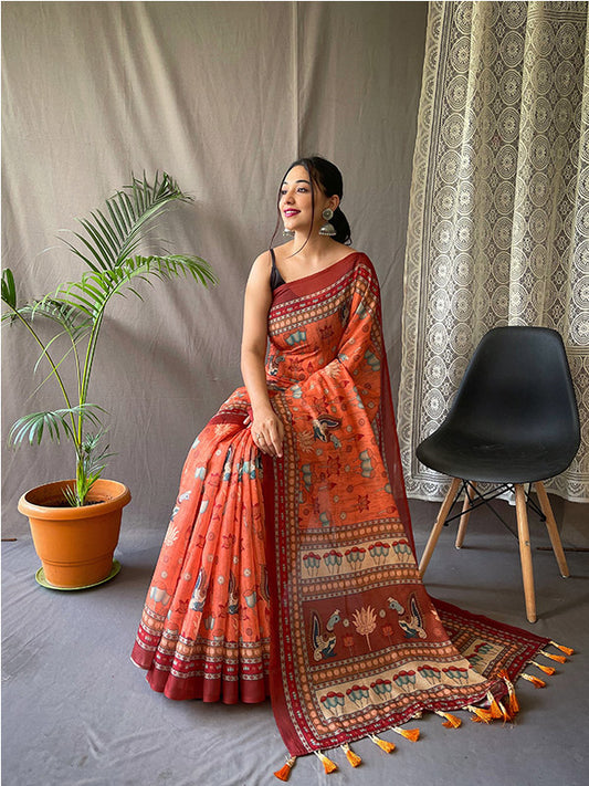 Classic Pure Malai Cotton Saree with Designer Big Border & Print SA525-632