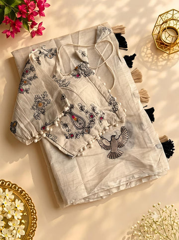 Eagle Embroidery Chanderi Saree with Cotton Tassels Embroidered Blouse SA826-2143
