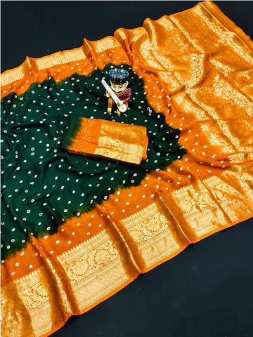 Dark Green Bandhani Saree with Zari Border SA125-003