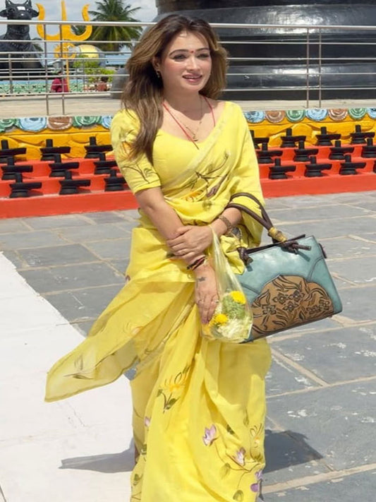 Yellow color Floral Linen Digital Printed Sari SA125-195