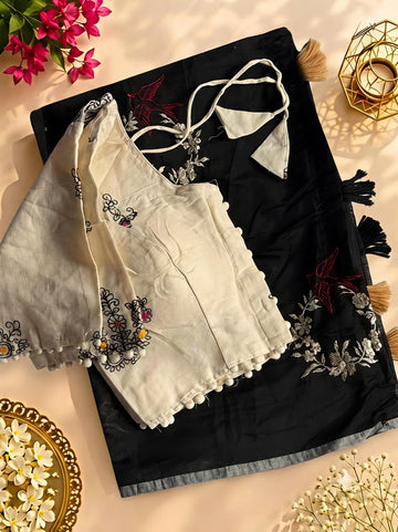 Premium Chanderi Flying Bird Embroidery Saree with Cotton Tassels & Embroidered Blouse SA826-2145