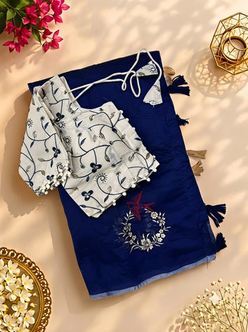 Premium Chanderi Flying Bird Embroidery Saree with Cotton Tassels & Embroidered Blouse SA826-2145