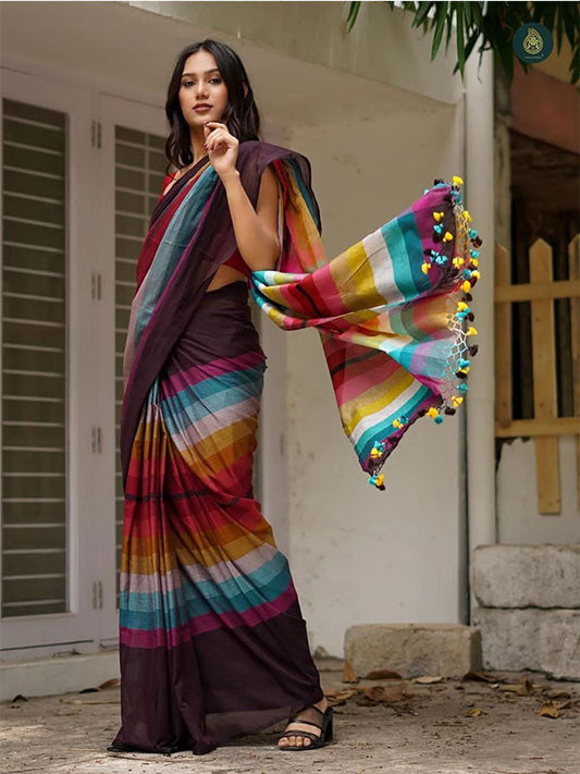 Linen Digital Printed Sari with Banglory Satin Blouse SA125-191