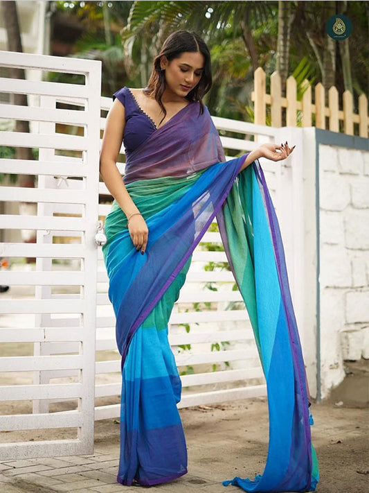 Linen Digital Printed Sari with Banglory Satin Blouse SA125-193