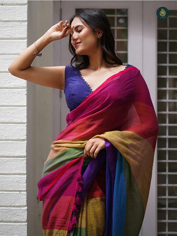 Linen Digital Printed Sari with Banglory Satin Blouse SA125-194