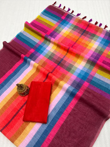 Linen Digital Printed Sari with Banglory Satin Blouse SA125-194