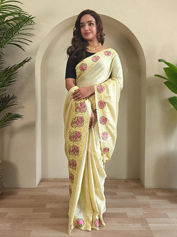 Embroidered Tussar Silk Saree with Cutwork Detailing & Contrast Pallu SA525-640