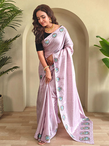 Embroidered Tussar Silk Saree with Cutwork Detailing & Contrast Pallu SA525-642