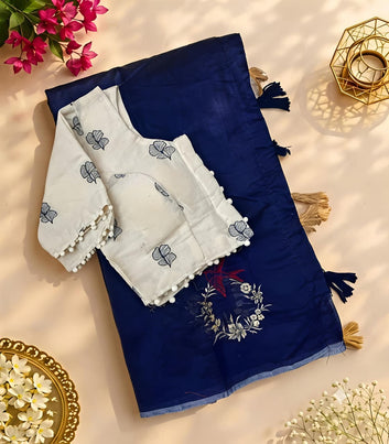 Premium Chanderi Flying Bird Embroidery Saree with Cotton Tassels & Embroidered Blouse SA826-2146