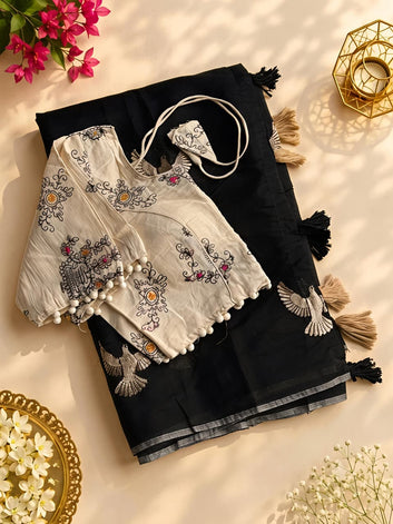 Eagle Embroidery Chanderi Saree with Cotton Tassels Embroidered Blouse SA826-2143