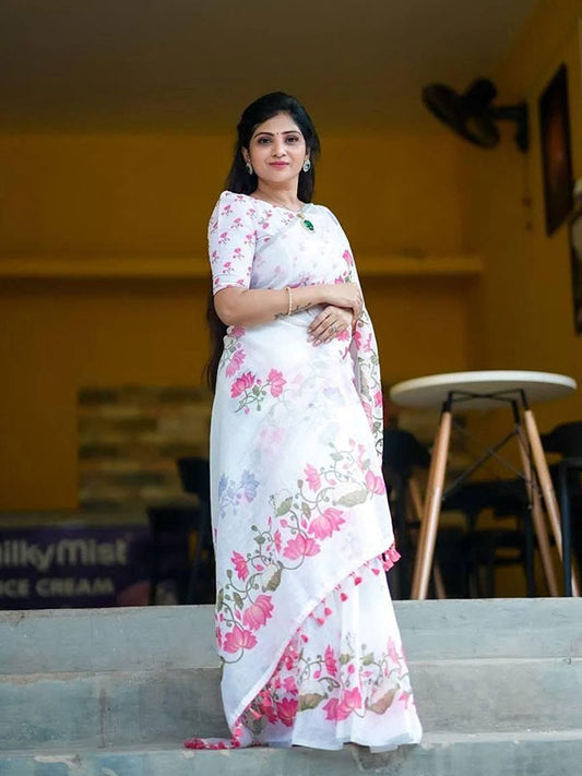 Floral Linen Printed Sari with Banglory Satin Blouse SA125-200