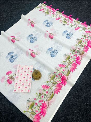 Floral Linen Printed Sari with Banglory Satin Blouse SA125-200